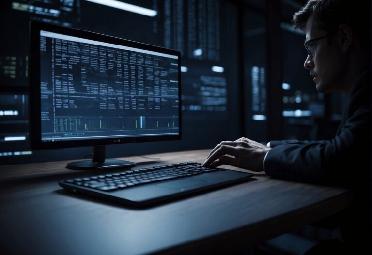 AI tracking technologies loom ominously over a computer screen, casting a shadow on the user's personal information. Privacy threats are symbolized by a dark, foreboding presence